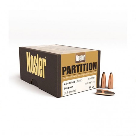 NOSLER – PARTITION 22 CAL. .224″ SPITZER 60GR CONF. 50 PZ.