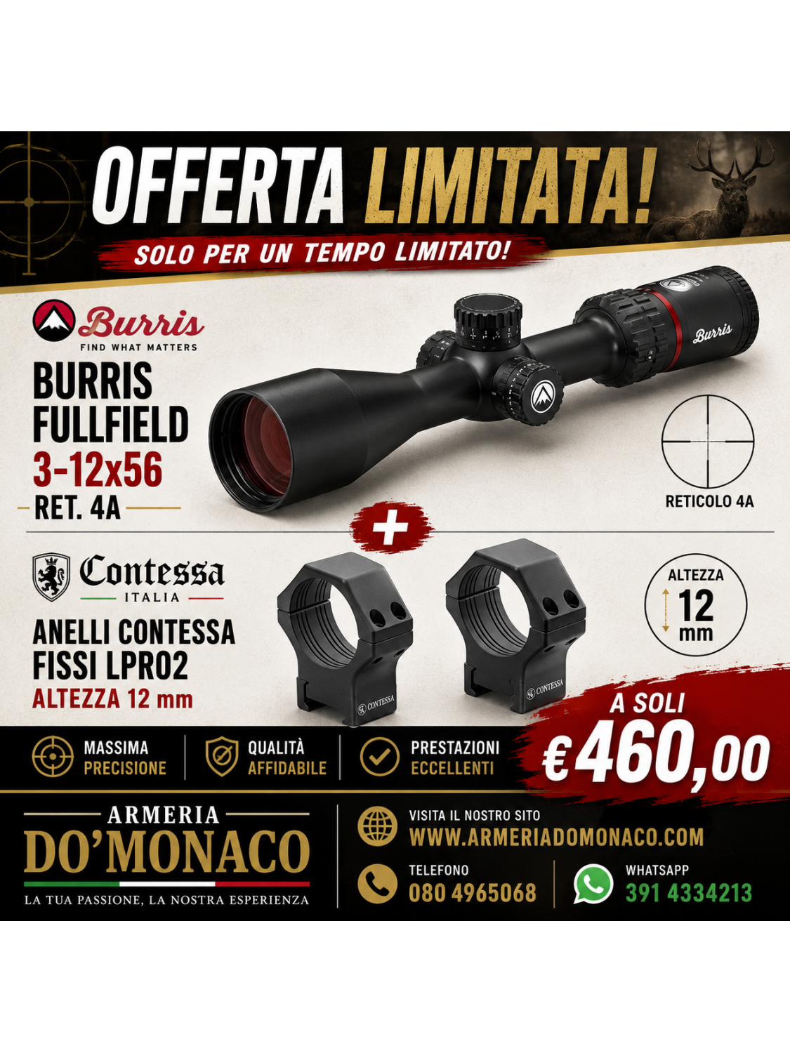 Kit Offerta Burris fullfield 3-12x56 + anelli contessa lpr