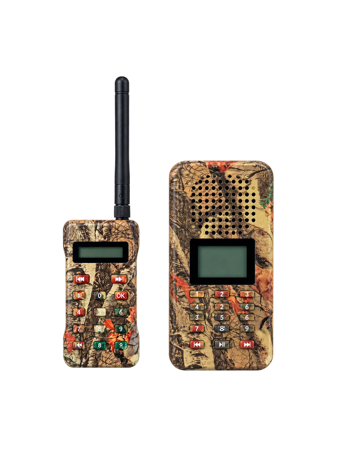 Richiamo acustico elettronico digitale mimetico con telecomando, antenna, display e altoparlante integrato.