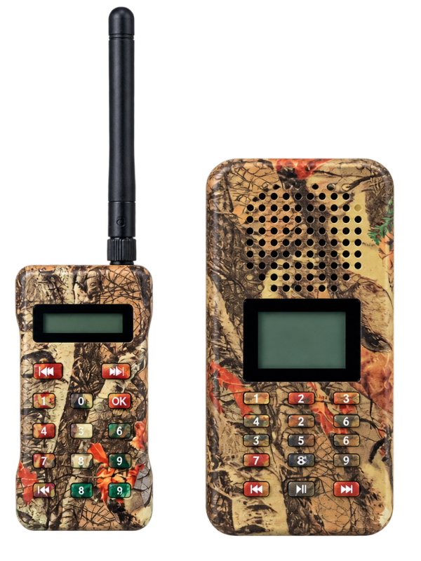 Richiamo acustico elettronico digitale mimetico con telecomando, antenna, display e altoparlante integrato.